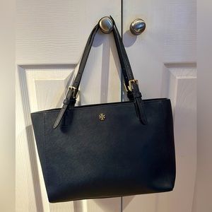 Tory Burch Navy Canvas Tote with Gold Hardware